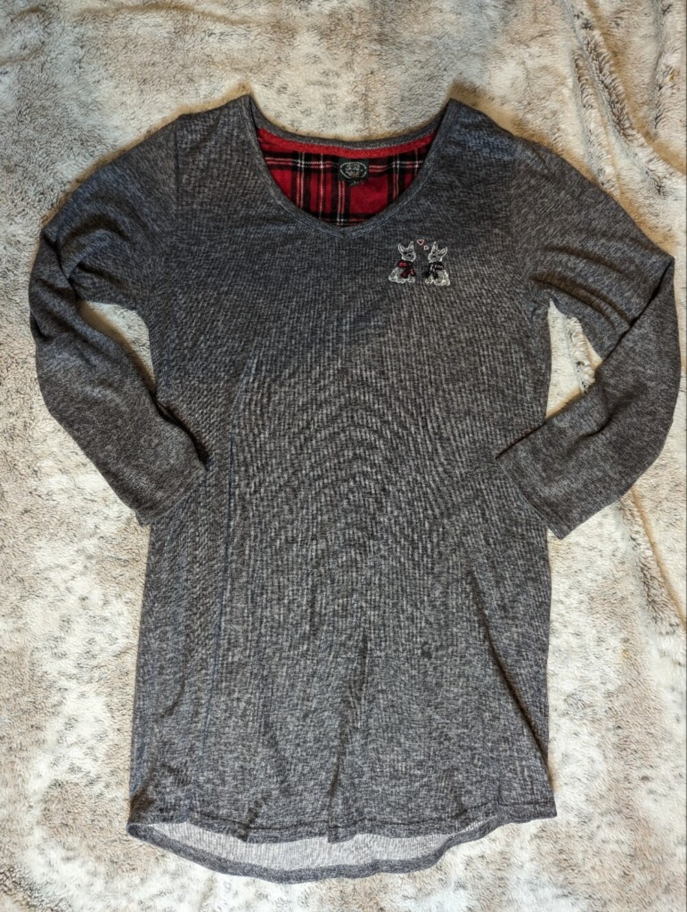 Laura Ashley Heather Grey Scottie Dog Embroidered Nightshirt Plaid Trim Large